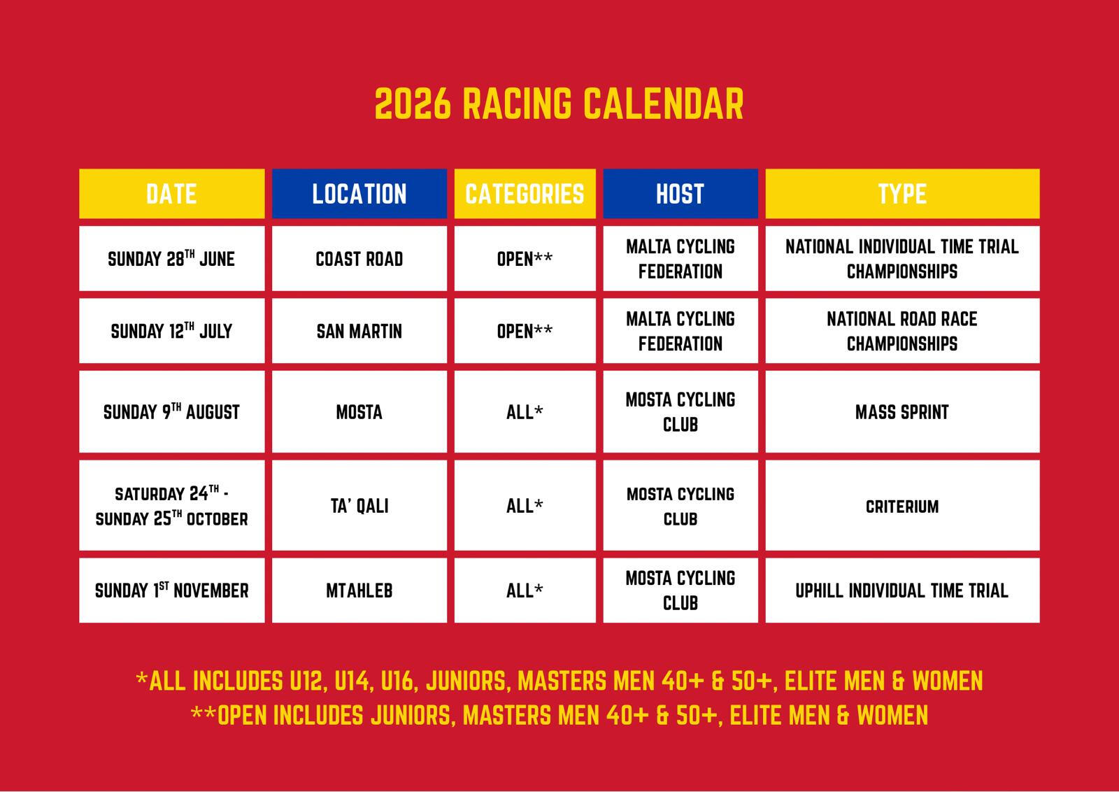 Malta Cycling Calendar 2026